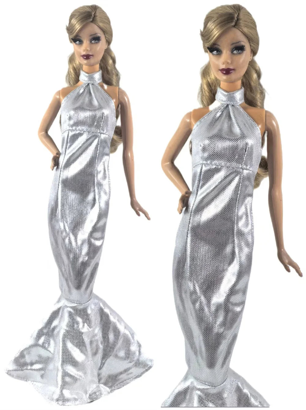 Silver satin mermaid gown for a doll featuring a high neck and ruffled skirt.