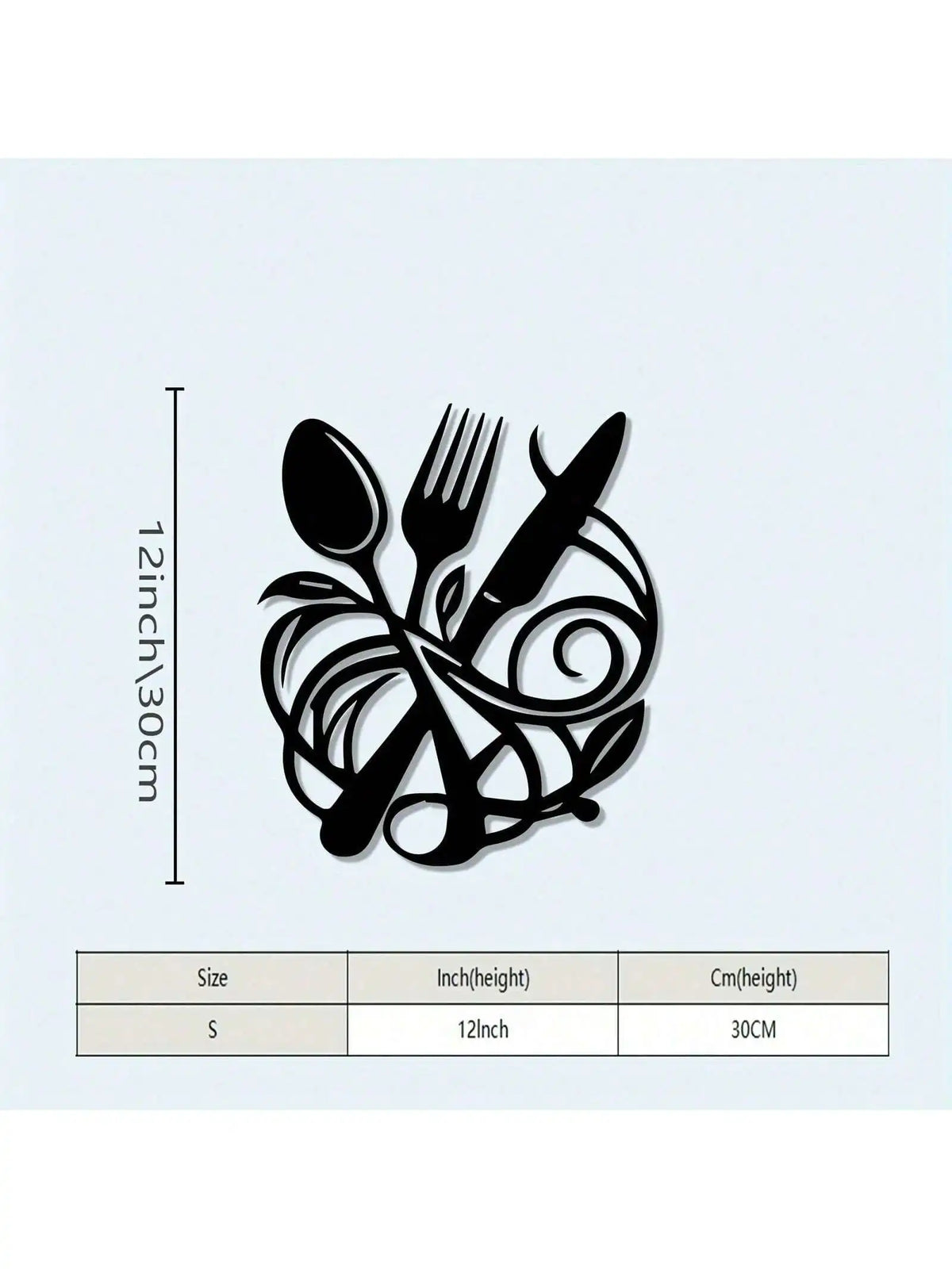 Black metal wall decor featuring a stylized fork knife and spoon design with a measurement scale.