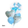 Five light blue foil balloons shaped like a bear and a heart for birthday or baby shower decorations