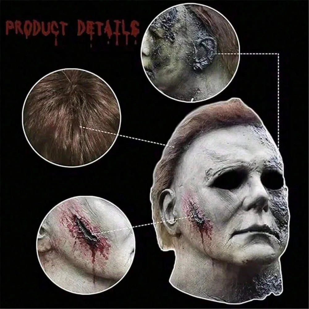 A realistic horror mask of Michael Myers showing facial details and blood effects.