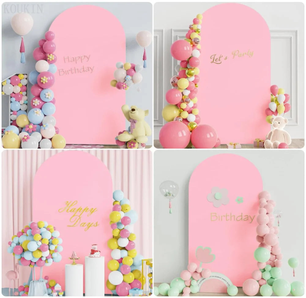 Fondo de arco de globos rosa y amarillo para celebración de cumpleaños con temática de unicornio.