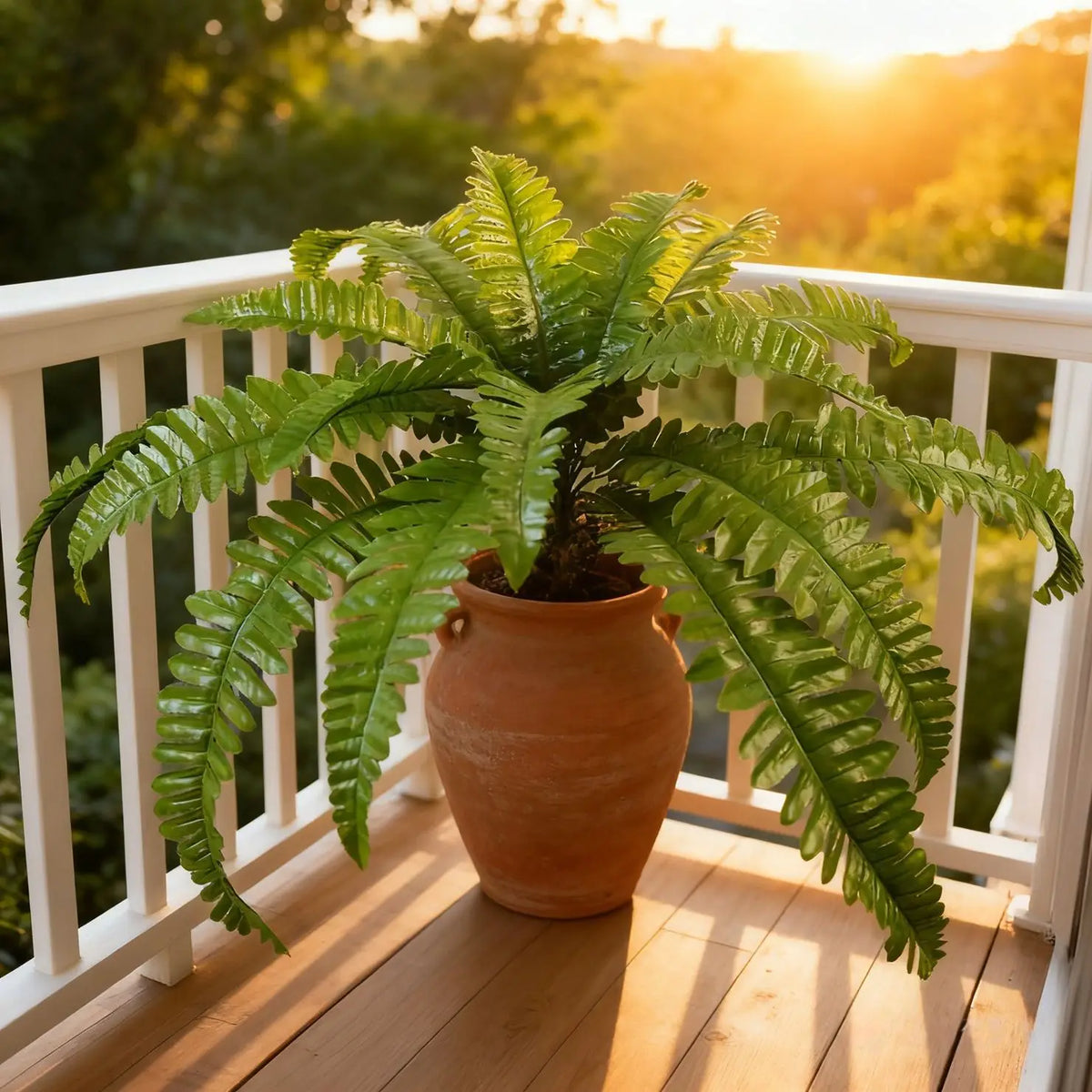 An orange potted artificial Persian fern plant displayed on a white railing outdoors.