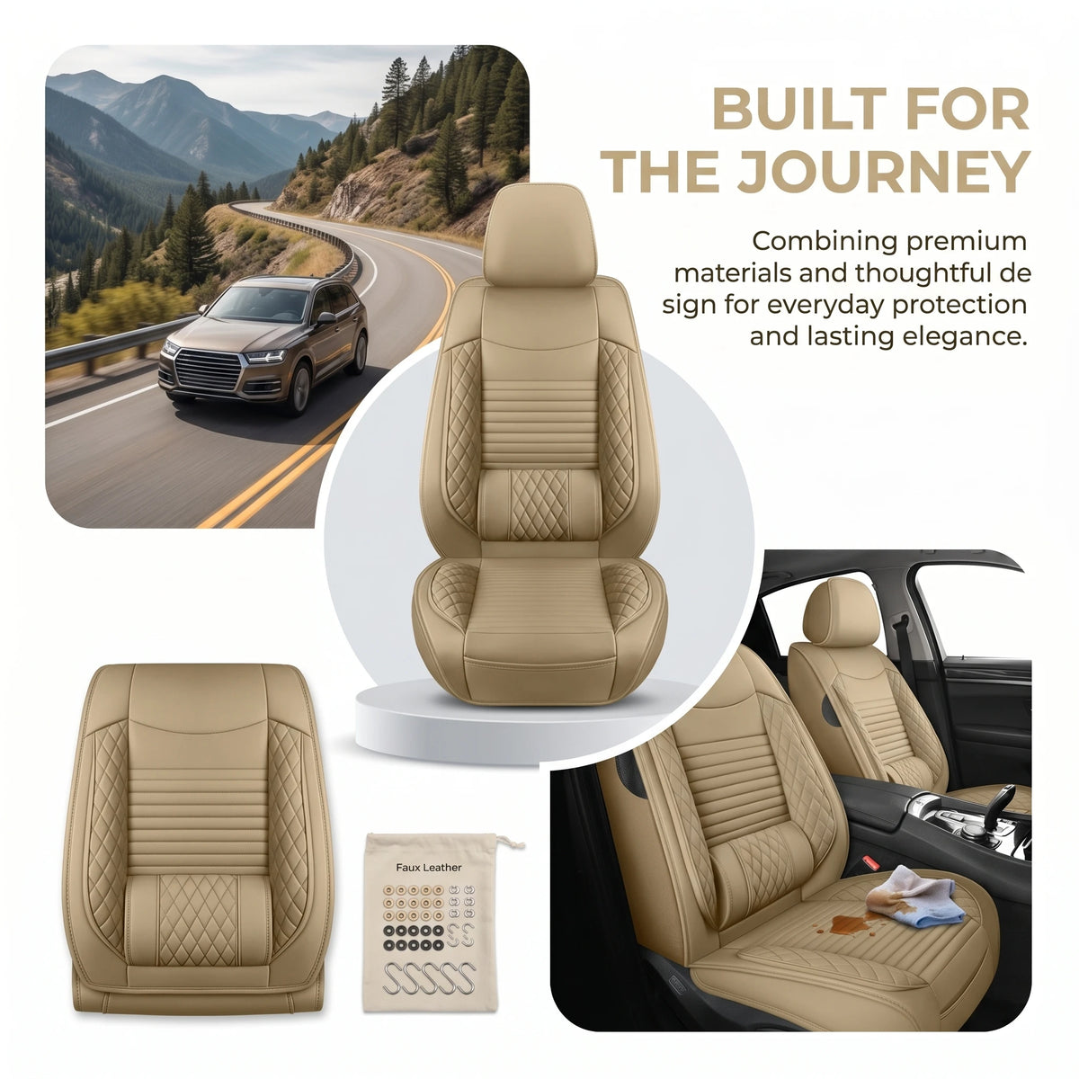 A beige premium PU leather car seat cover shown in various views, including a close-up and installed in a vehicle.