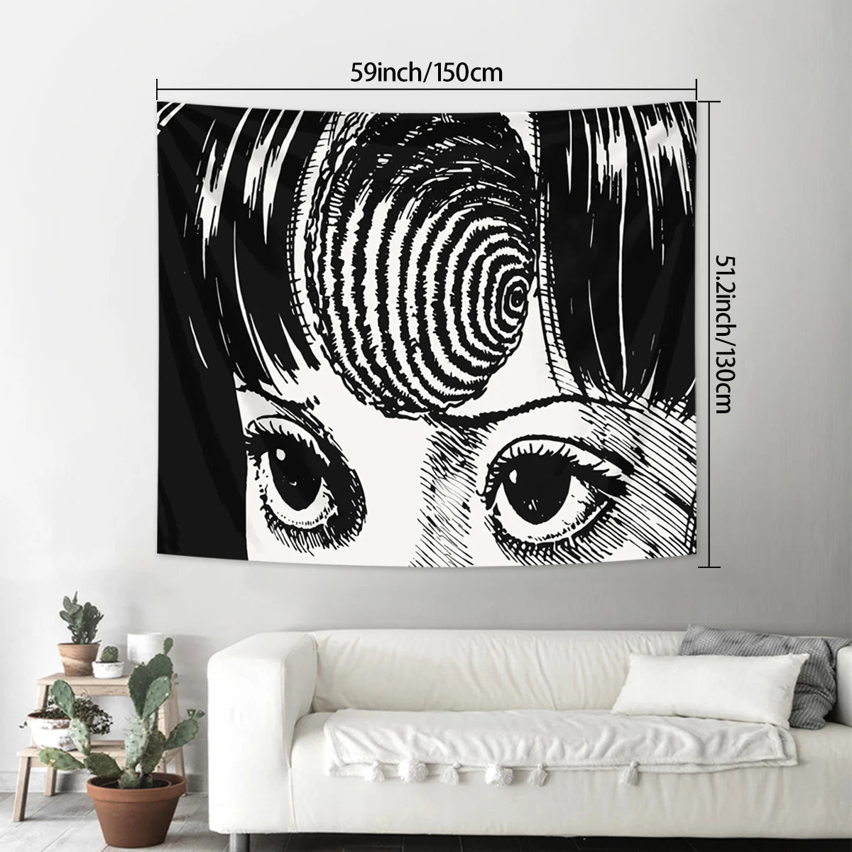 Black and white tapestry wall hanging depicting a close-up of a human eye and surrounding features.
