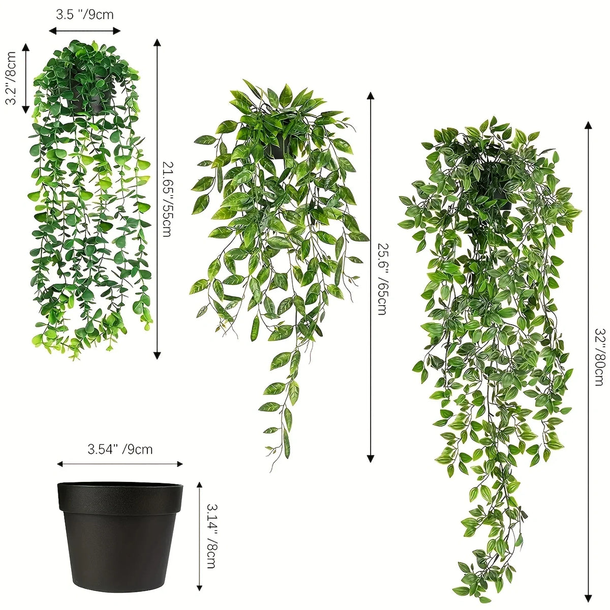 A tall, lush green artificial hanging plant displayed in a black pot.