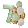 A cluster of olive green and gold foil balloons shaped like the number one for parties and celebrations.