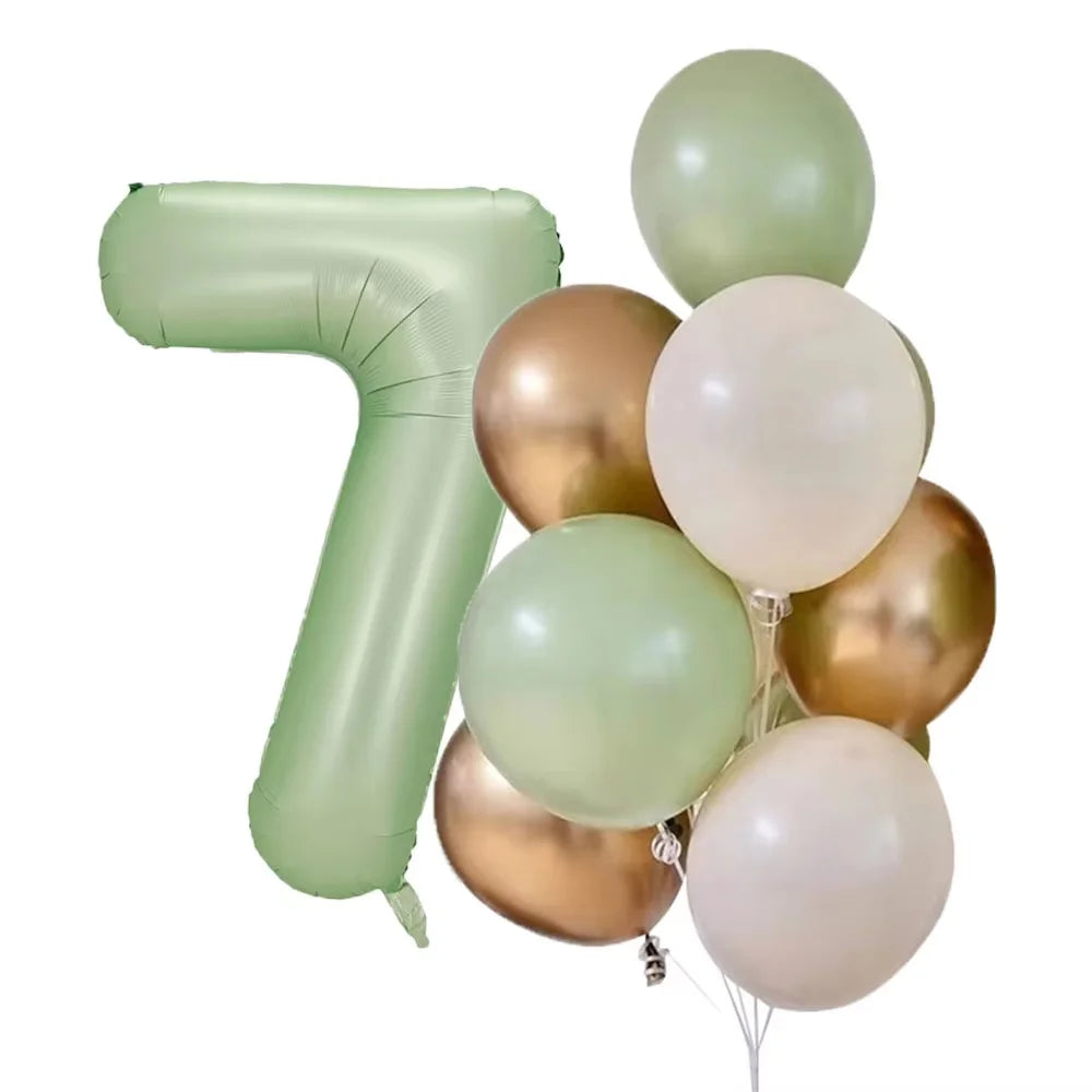 A cluster of olive green and gold foil balloons shaped like the number one for parties and celebrations.