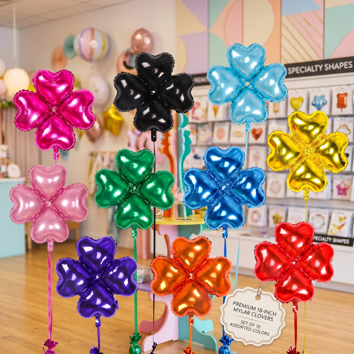 A set of ten 18-inch flower-shaped foil balloons in various colors including pink, purple, blue, green, and orange.