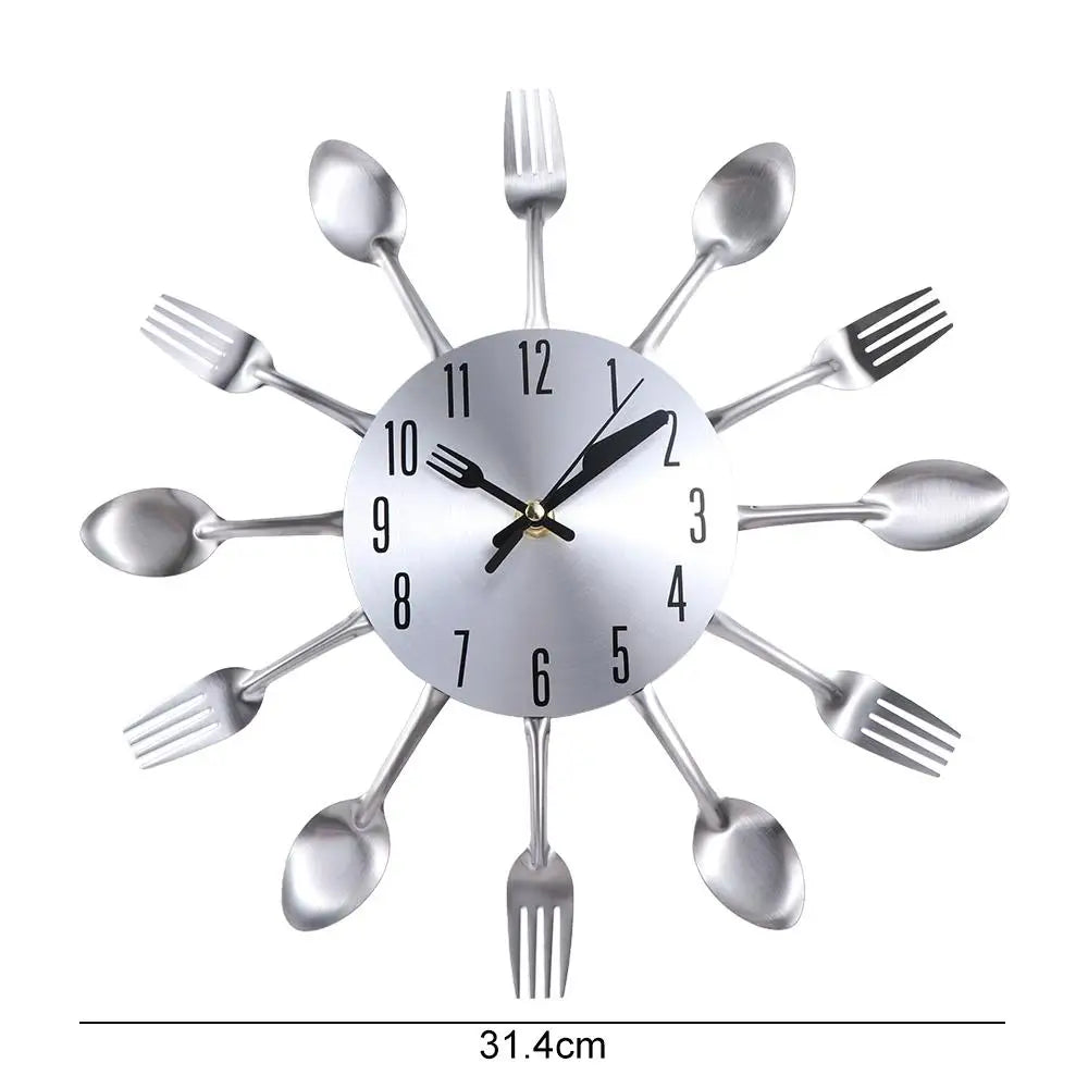 A silver modern cutlery set shaped like a clock with twelve forks radiating from the center.