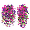 A bundle of artificial hanging morning glory flowers in vibrant shades of purple and pink.