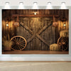 A rustic wooden backdrop featuring weathered planks, crossed beams, and decorative lighting for a western theme.