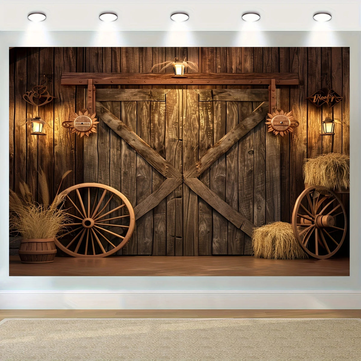 A rustic wooden backdrop featuring weathered planks, crossed beams, and decorative lighting for a western theme.