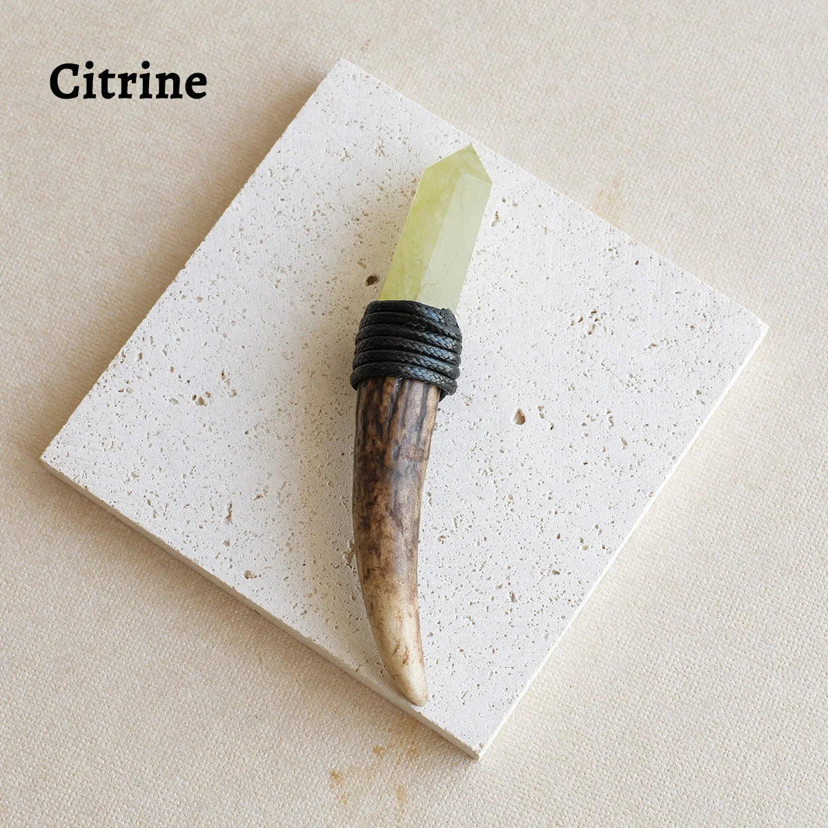 A natural Citrine crystal mounted on a dark wooden scepter wand for spiritual decor.