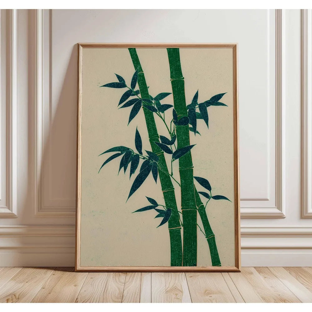 Frameless Japanese tree art canvas print featuring two vertical bamboo stalks and green leaves on a beige background