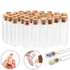 A collection of clear glass bottles with cork stoppers for crafts and storage, including some filled with colorful materials.