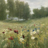 A retro oil painting depicting a river village scene with lush green trees and fields filled with wildflowers.
