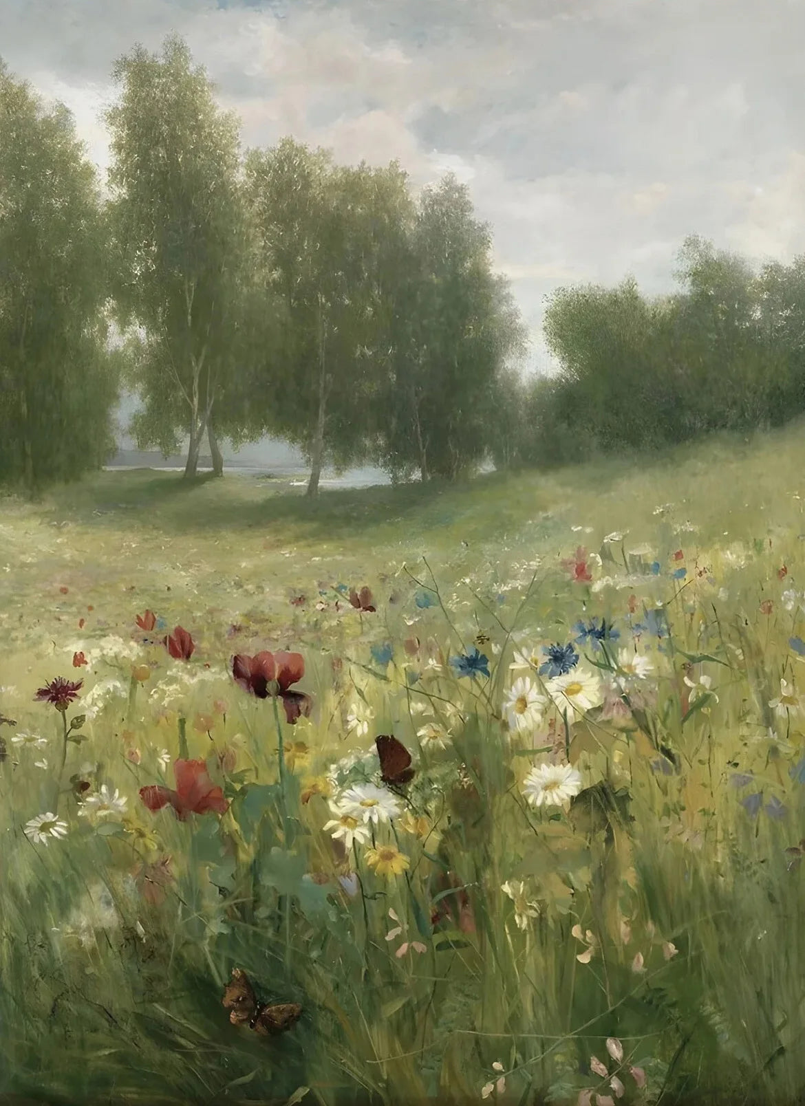 A retro oil painting depicting a river village scene with lush green trees and fields filled with wildflowers.