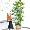 An artificial bamboo branch with green leaves is displayed in a woven pot on a dark table.