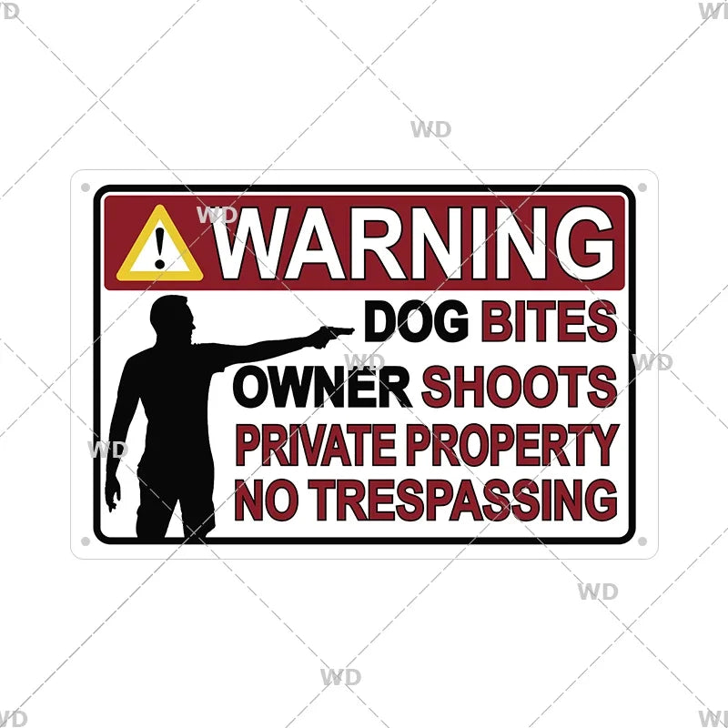 A vintage retro metal warning sign with a yellow exclamation mark and text warning against dog bites, owner shoots, and tresp
