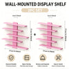 A set of four pink wall-mounted display shelves, including two 6cm long pieces, shown with installation and feature icons.