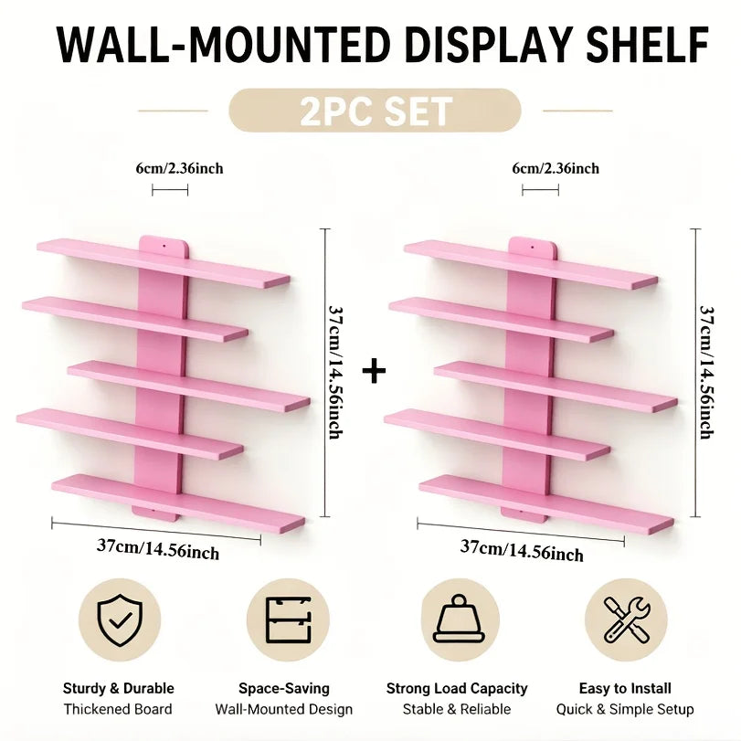 A set of four pink wall-mounted display shelves, including two 6cm long pieces, shown with installation and feature icons.