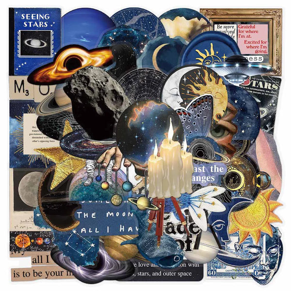 A collection of retro space astronomy decals featuring planets, stars, and celestial bodies.