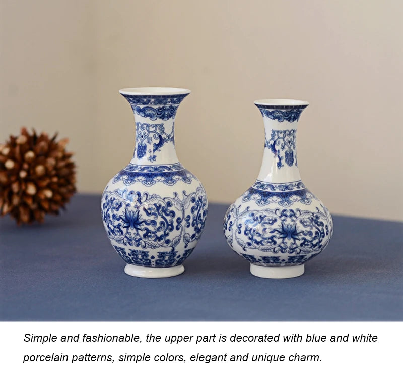 Blue and white ceramic flower vase with intricate patterns on a dark blue surface.