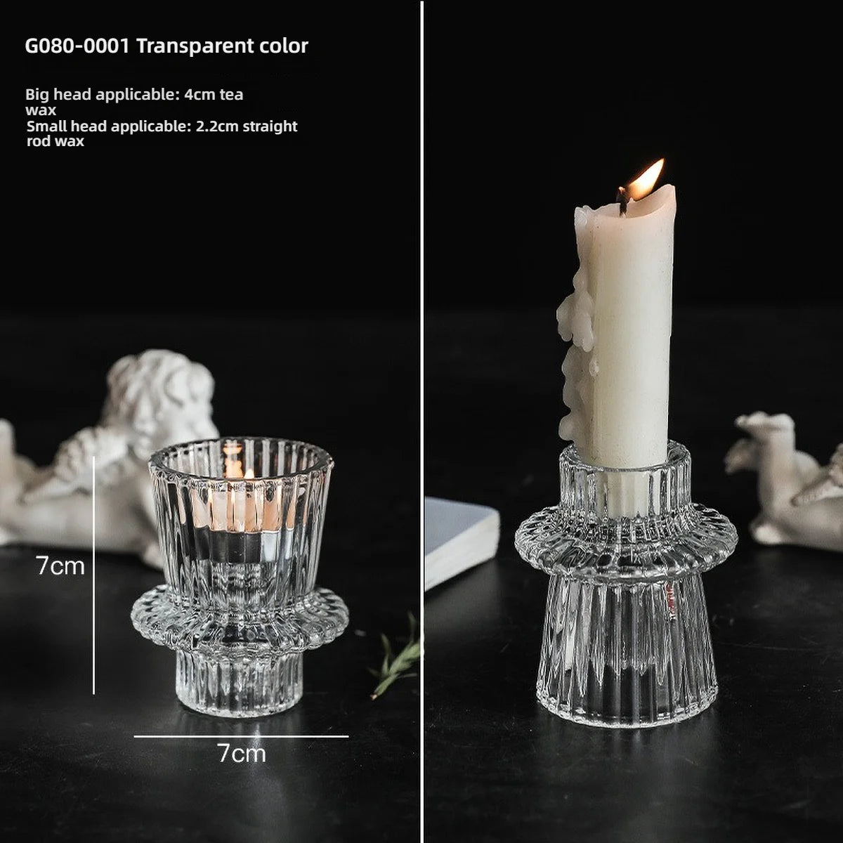 Porta velas de cristal transparente color verde azulado con vela blanca y llama