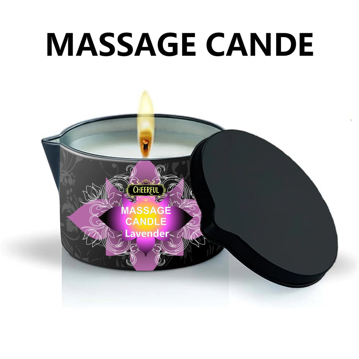 A black jar candle labeled Massage Candle Lavender with a lit wick and a black lid.