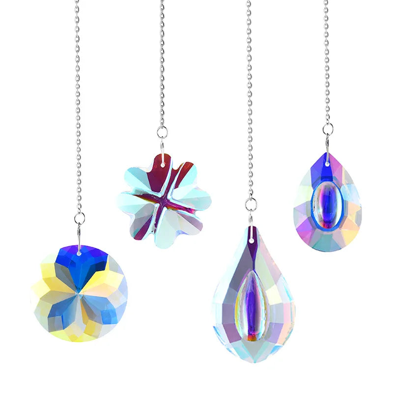 A set of hanging crystal wind chimes featuring various faceted gemstone shapes like teardrops and starbursts.