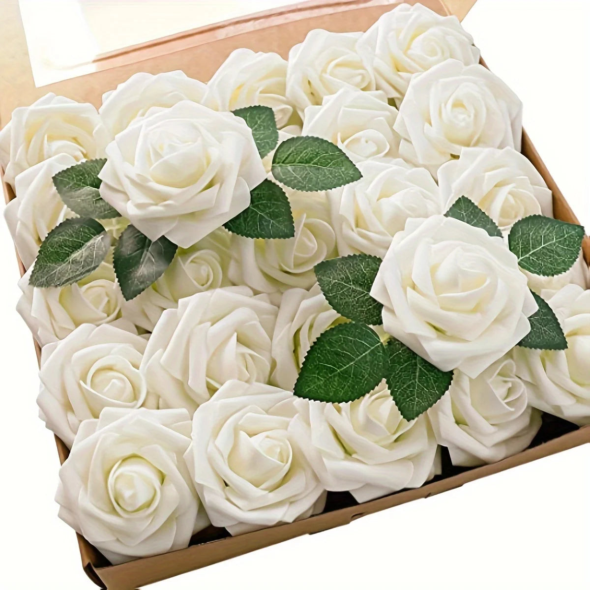 A box filled with white artificial rose flowers with green leaves for DIY decor