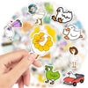 A hand is holding various funny cartoon duck and goose stickers on a blurred background.