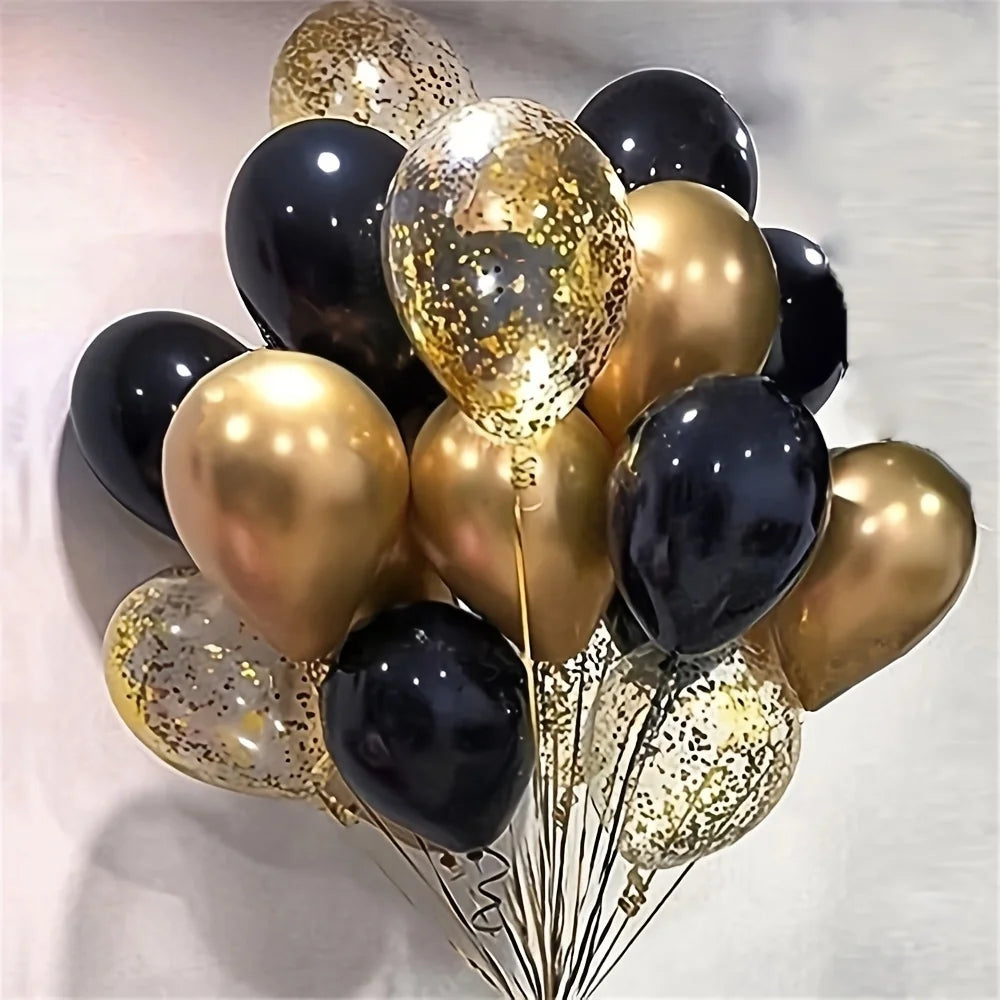 A bouquet of black and gold confetti balloons tied together.