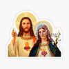 A sticker featuring a depiction of the Catholic Virgin Mary with a halo and religious symbols.