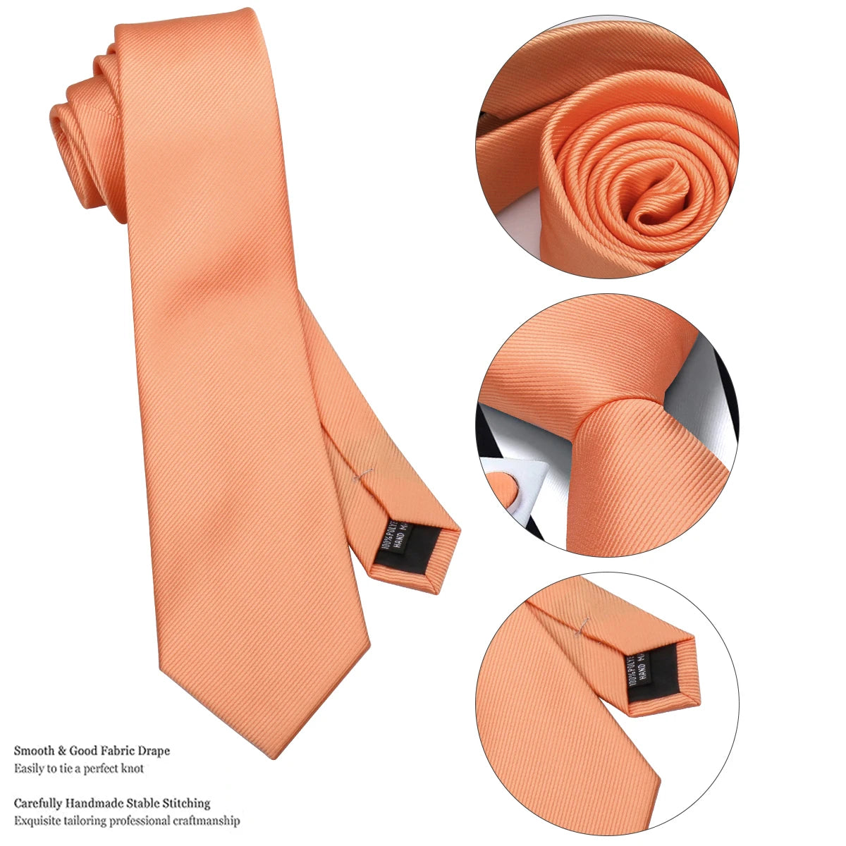 A peach colored silk necktie shown flat and rolled up to demonstrate fabric drape and stitching.