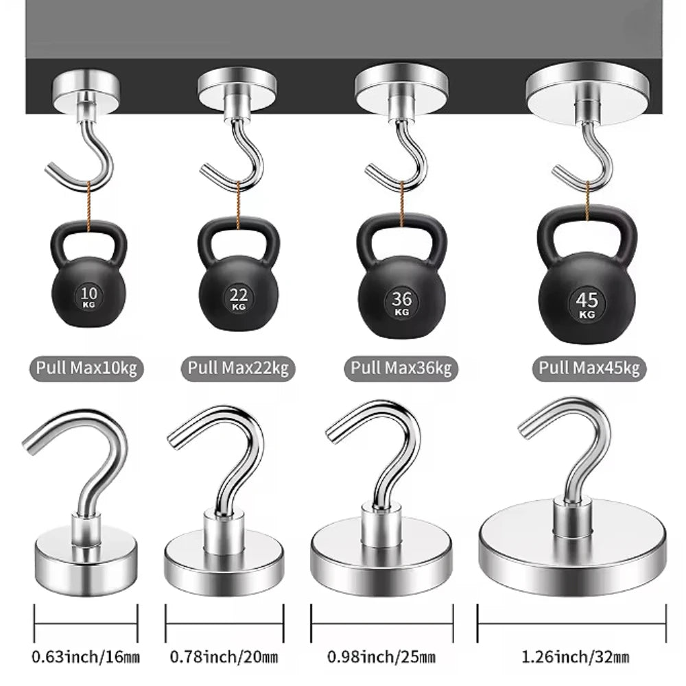 Set of four heavy duty stainless steel magnetic hooks with varying weights and sizes