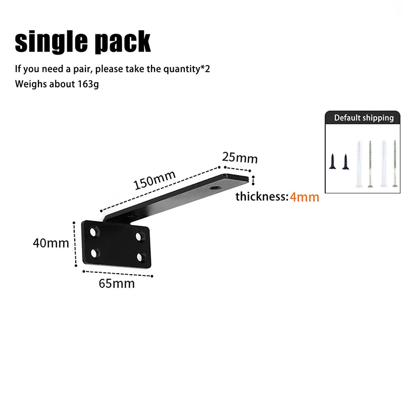 A set of two black heavy-duty floating shelf brackets shown with dimensions and thickness measurements.