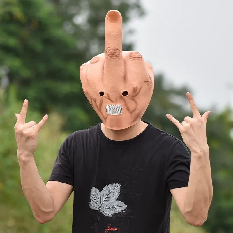 A person wearing a latex finger mask making the middle finger gesture.