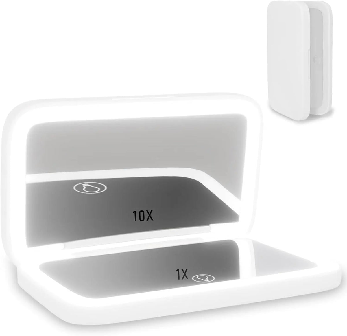 A portable makeup mirror with a hinged lid showing options for 10x and 1x magnification.