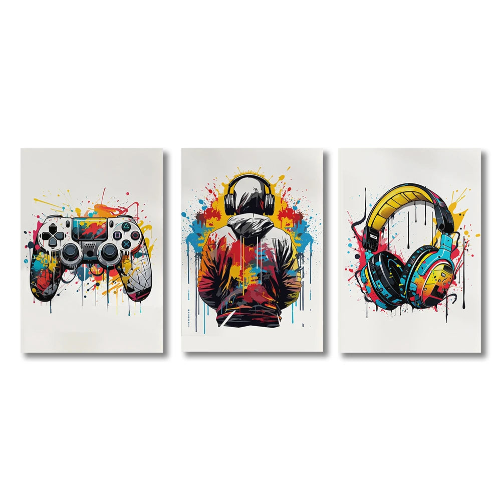Three modern canvas wall art prints featuring vibrant paint splatters and gaming accessories like a controller, a hoodie, and