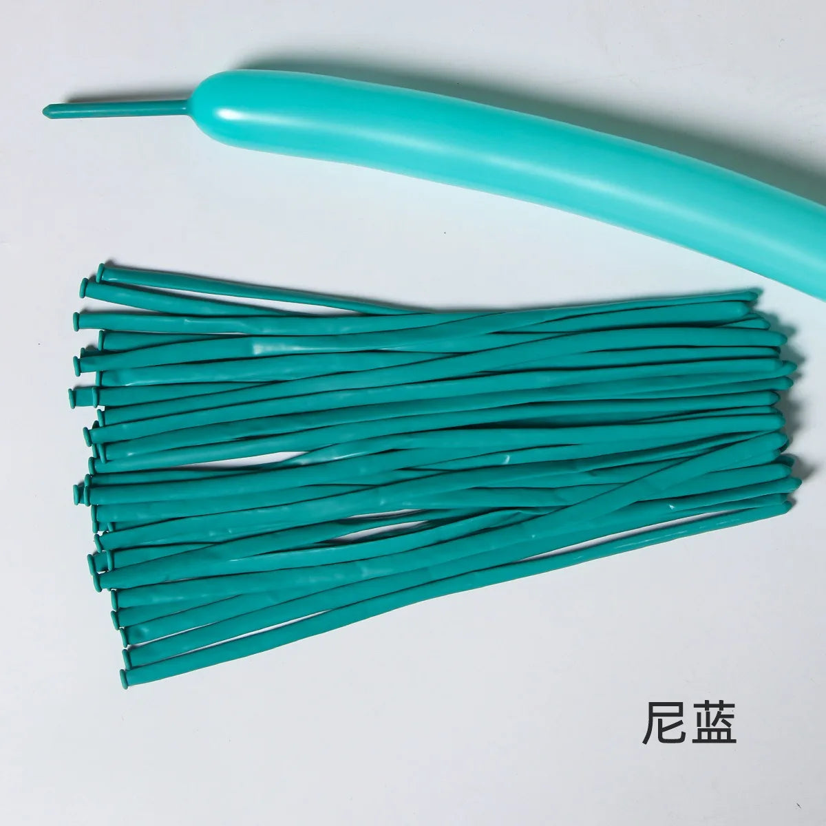 A bundle of teal latex strip balloons and a single light blue balloon are shown on a white background.