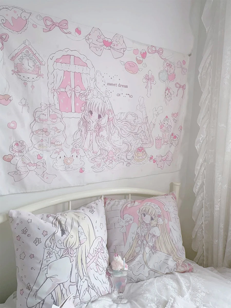 A pink and white kawaii cartoon tapestry wall hanging featuring sweet dreams and cute characters for bedroom decor