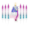 A set of gradient sparkle number birthday candles shaped like the number 4, featuring purple and blue colors.