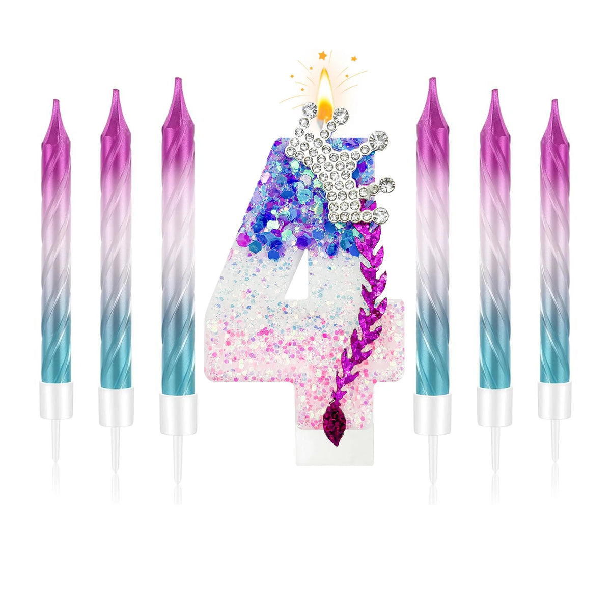 A set of gradient sparkle number birthday candles shaped like the number 4, featuring purple and blue colors.