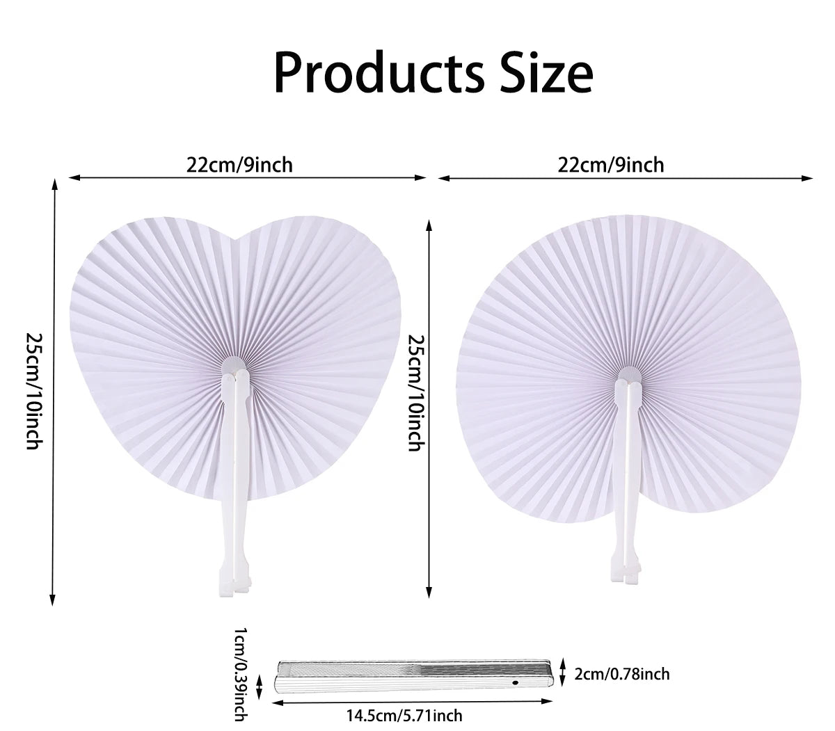 White heart-shaped paper folding fans shown with various sizes and a measuring scale.