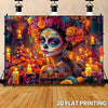 Oversize Day of the Dead sugar skull backdrop featuring a vibrant floral calavera design with bright colors and candles.