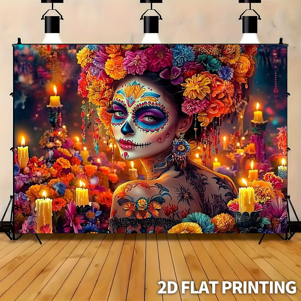 Oversize Day of the Dead sugar skull backdrop featuring a vibrant floral calavera design with bright colors and candles.