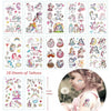 A set of ten sheets of unicorn-themed tattoos for girls featuring various designs and characters.