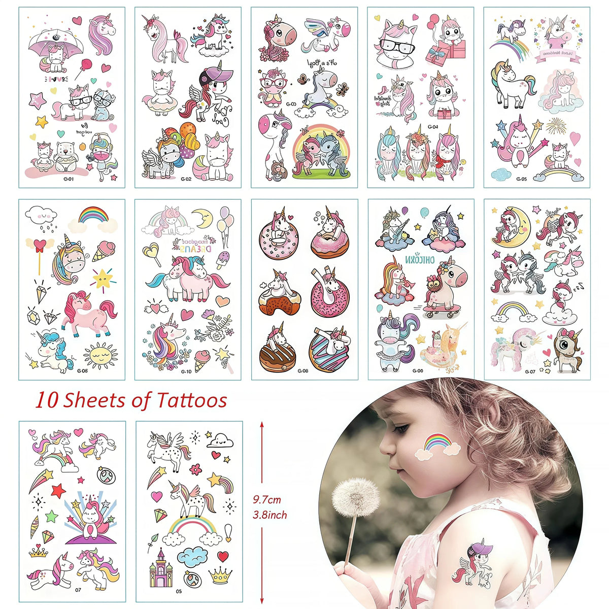 A set of ten sheets of unicorn-themed tattoos for girls featuring various designs and characters.