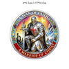 A commemorative coin featuring a warrior figure with a sword and cross design, surrounded by laurels and text.